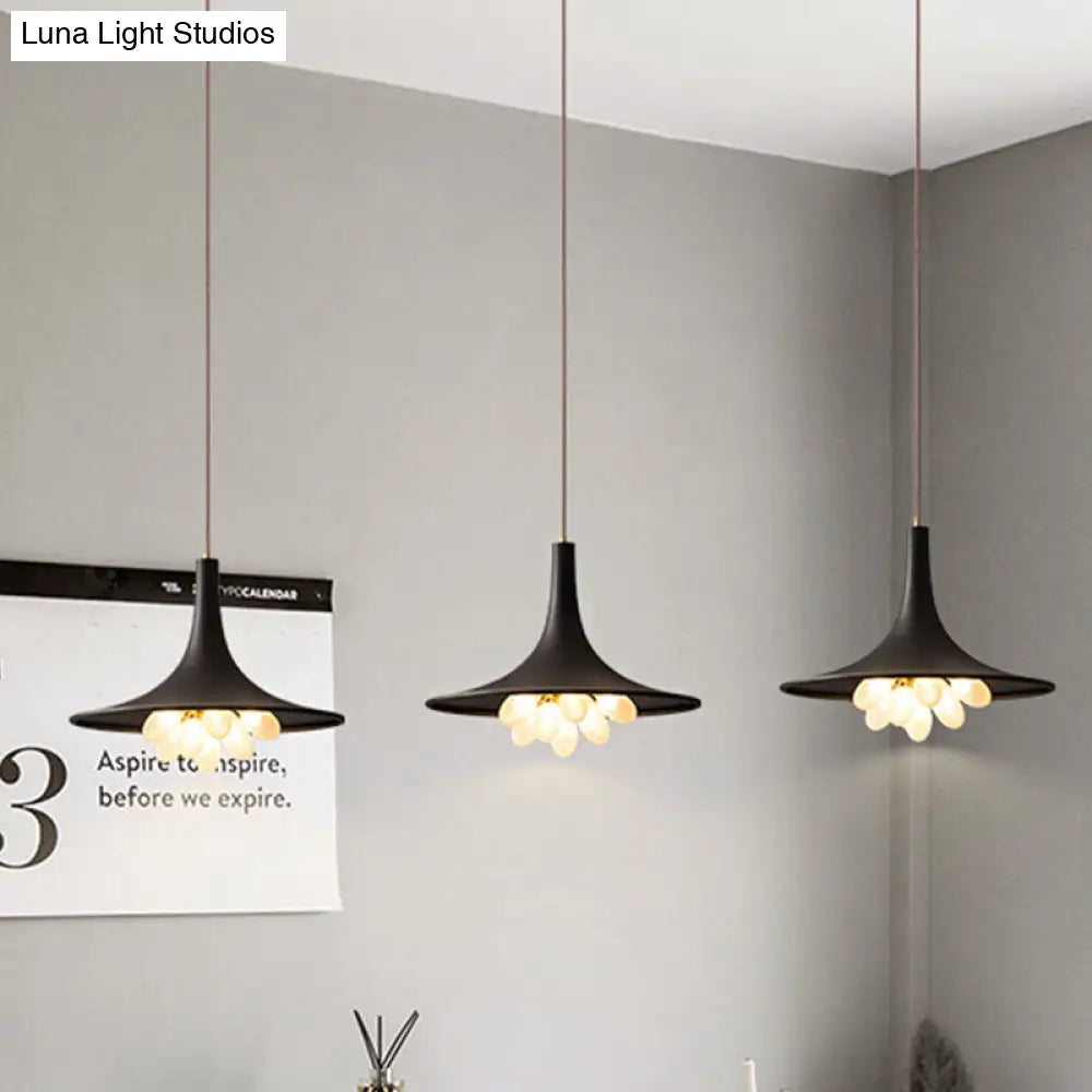 Industrial Black Iron Pendant Chandelier With Frosted Glass Shade - Wide Flared Style For Dining