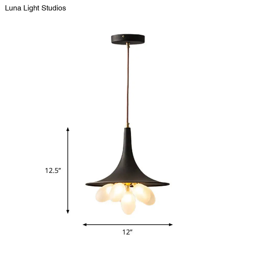 Industrial Black Iron Pendant Chandelier With Frosted Glass Shade - Wide Flared Style For Dining