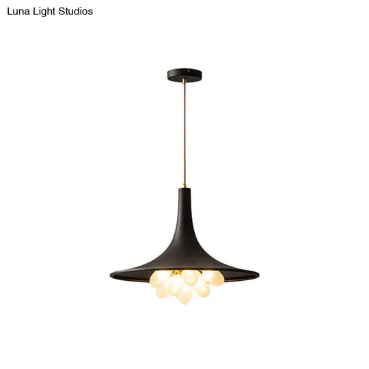 Industrial Black Iron Pendant Chandelier With Frosted Glass Shade - Wide Flared Style For Dining