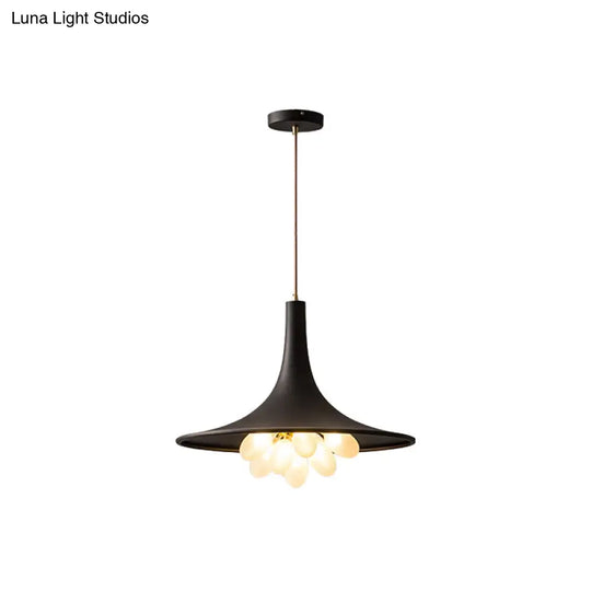 Industrial Black Iron Pendant Chandelier With Wide Flared Shade – Grapes Frosted Glass Dining