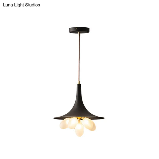 Industrial Black Iron Pendant Chandelier With Frosted Glass Shade - Wide Flared Style For Dining