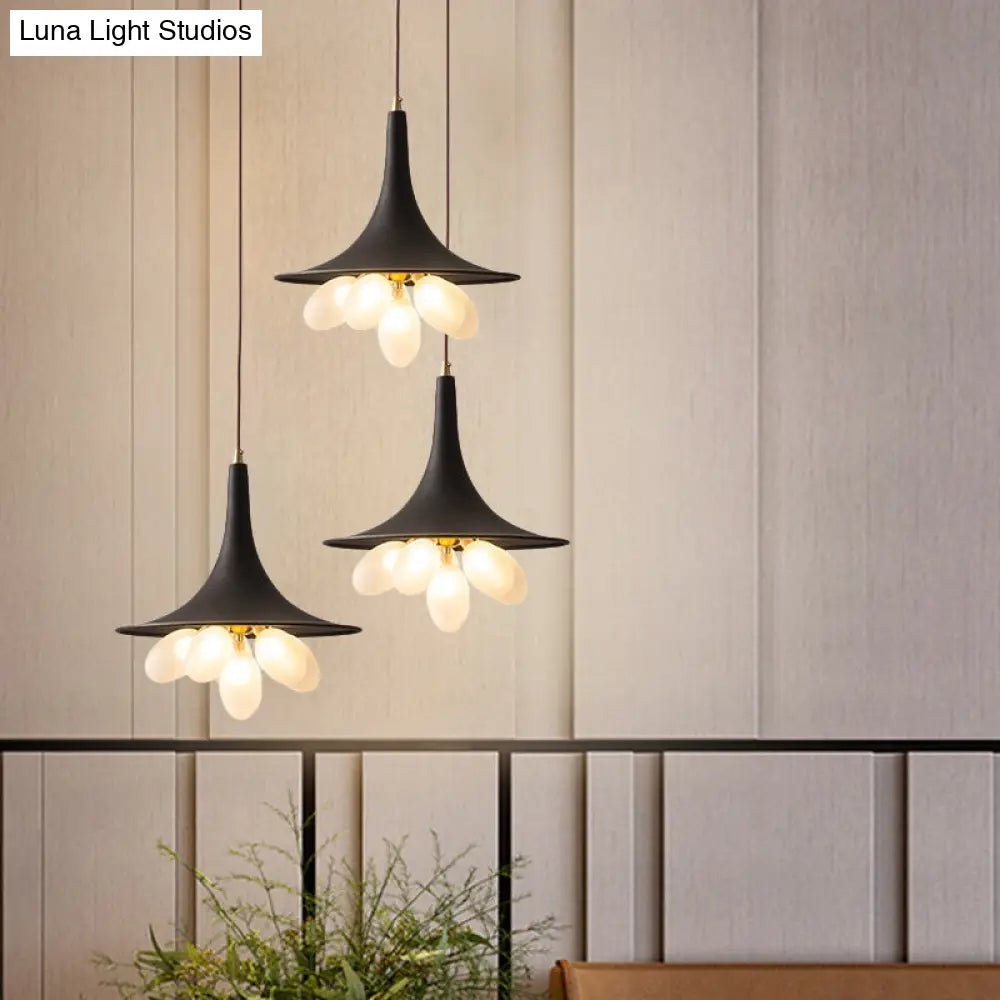 Industrial Black Iron Pendant Chandelier With Frosted Glass Shade - Wide Flared Style For Dining