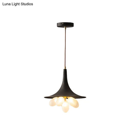 Industrial Black Iron Pendant Chandelier With Wide Flared Shade – Grapes Frosted Glass Dining