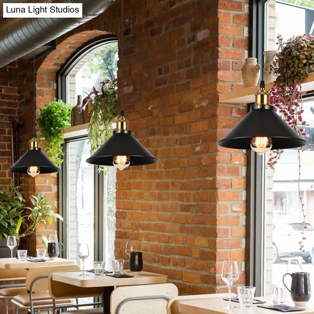 Industrial Black Iron Conical Shade Pendant Light - Single-Bulb Suspension For Restaurants