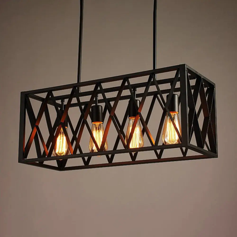 Industrial Black Iron Pendant Light With Rectangle Frame - Perfect For Restaurants And Hanging Over