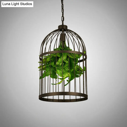 Industrial Black Iron Pendulum Birdcage Lamp With Artificial Plant - Single-Bulb Hanging Light