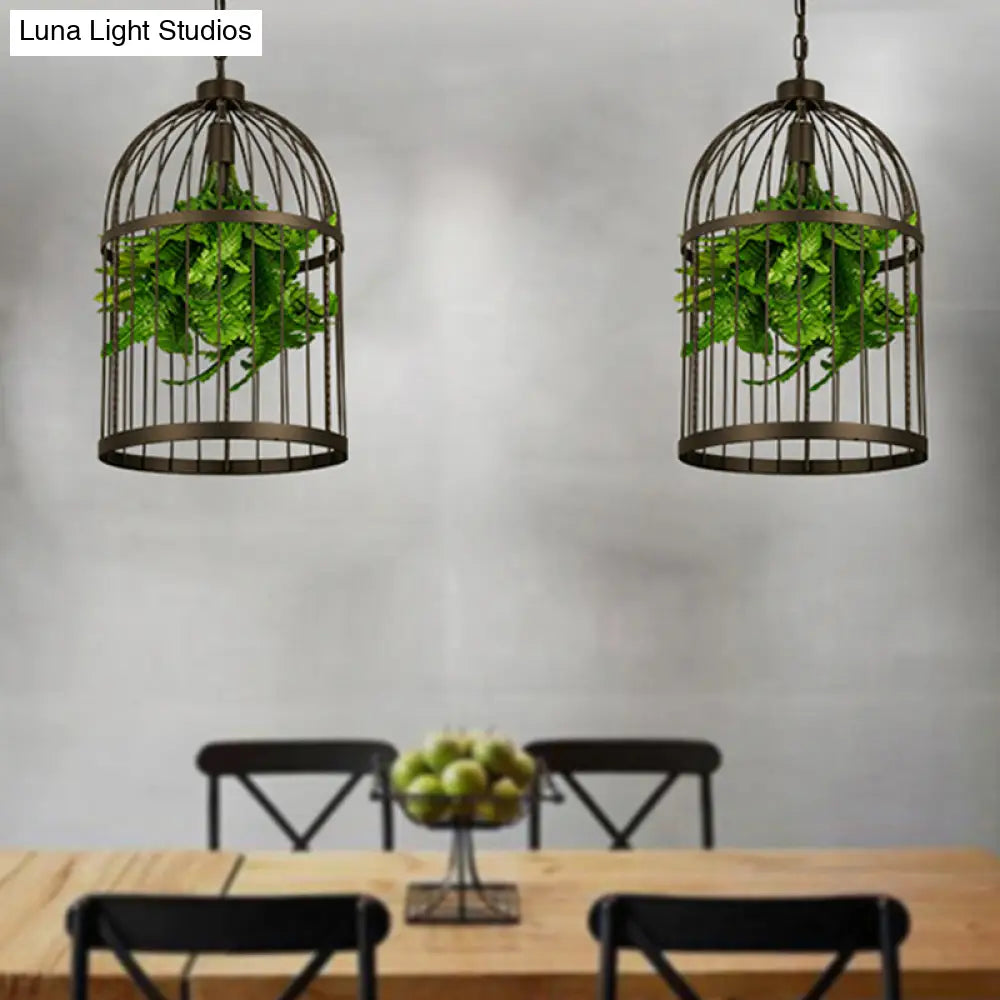 Industrial Black Iron Pendulum Birdcage Lamp With Artificial Plant - Single-Bulb Hanging Light