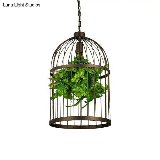 Industrial Black Iron Birdcage Pendant Lamp With Single Bulb And Artificial Plant Décor
