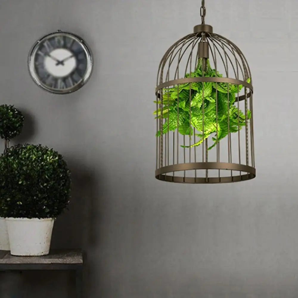 Industrial Black Iron Pendulum Birdcage Lamp With Artificial Plant - Single-Bulb Hanging Light
