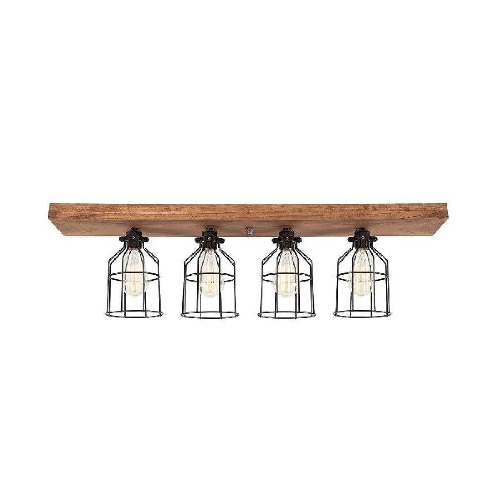 Industrial Black Iron Semi Flush Ceiling Light Fixture With Wire Cage And Wooden Canopy - 4 Bulbs