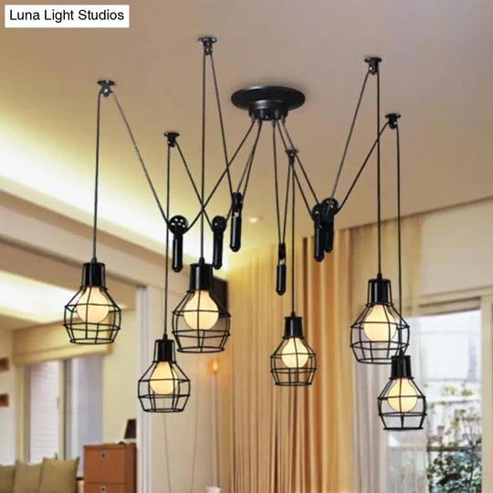 Industrial Black Iron Swag Pendant Lighting - 6-Light Caged Design With Pulley For Multiple Hanging