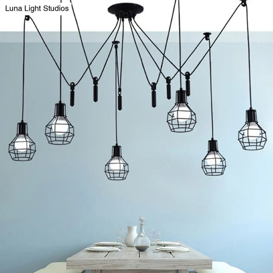 Industrial Black Iron Swag Pendant Lighting - 6-Light Caged Design With Pulley For Multiple Hanging