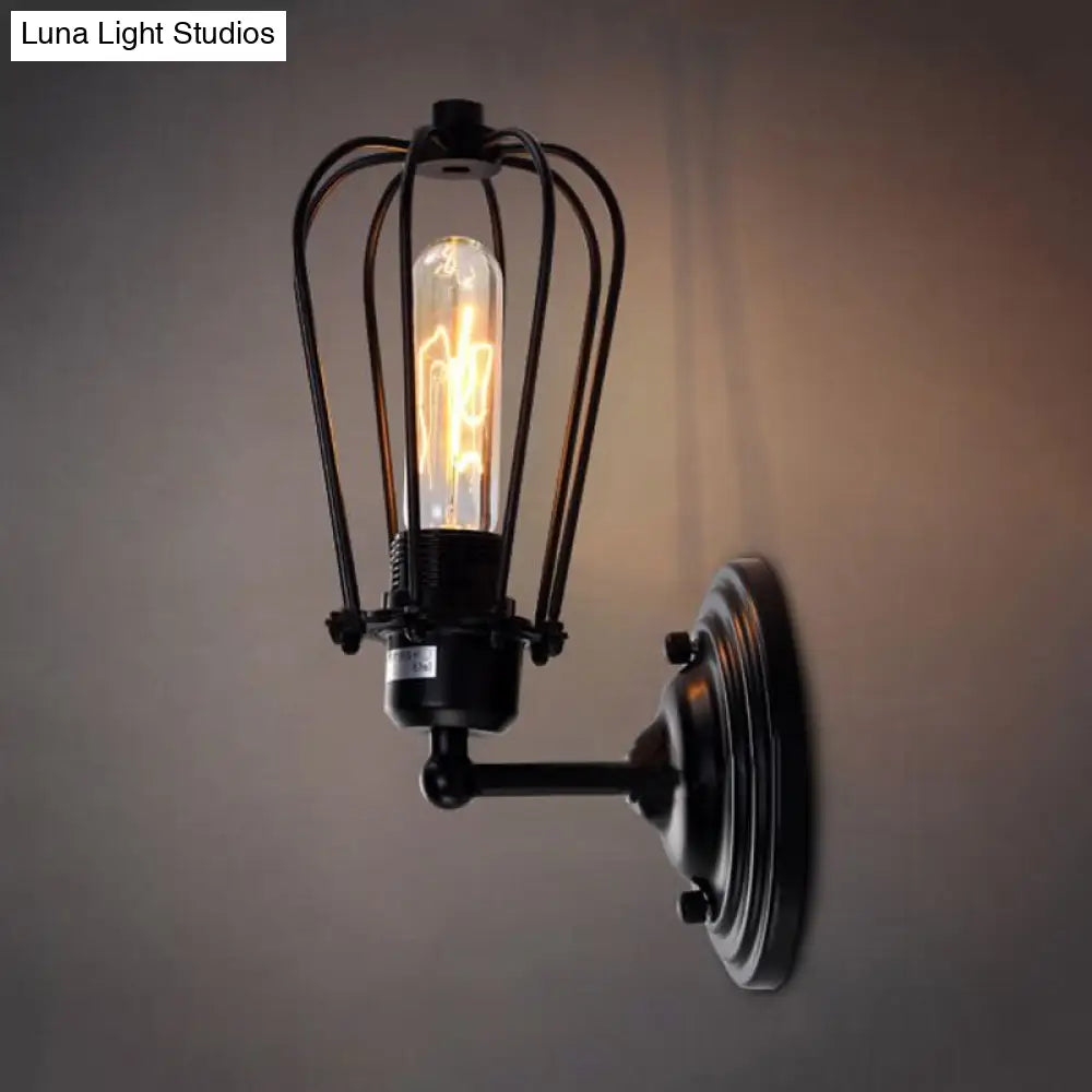 Industrial Black Iron Wall Mount Sconce With Wire Frame - 1 Light Mini Lamp For Corridor