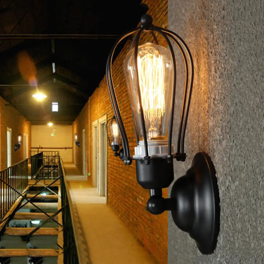 Industrial Black Iron Wall Mount Sconce With Wire Frame - 1 Light Mini Lamp For Corridor