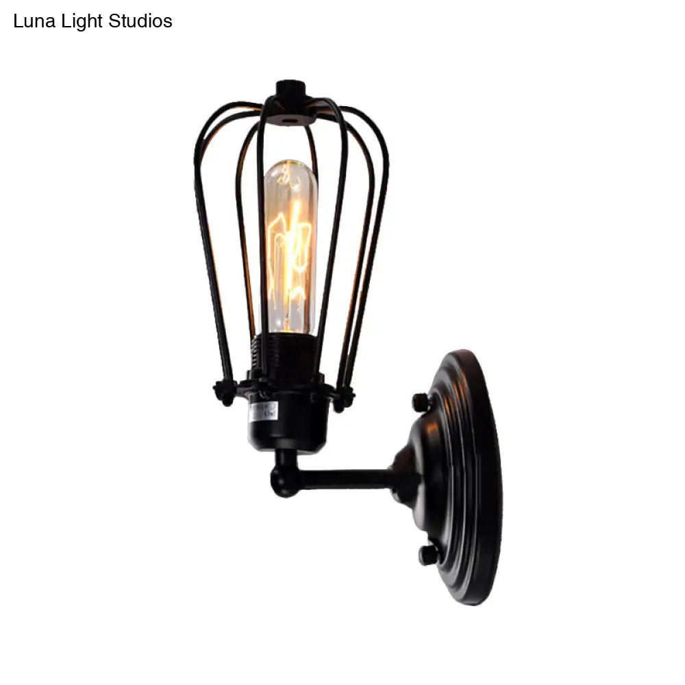 Industrial Black Iron Wall Mount Sconce With Wire Frame - 1 Light Mini Lamp For Corridor