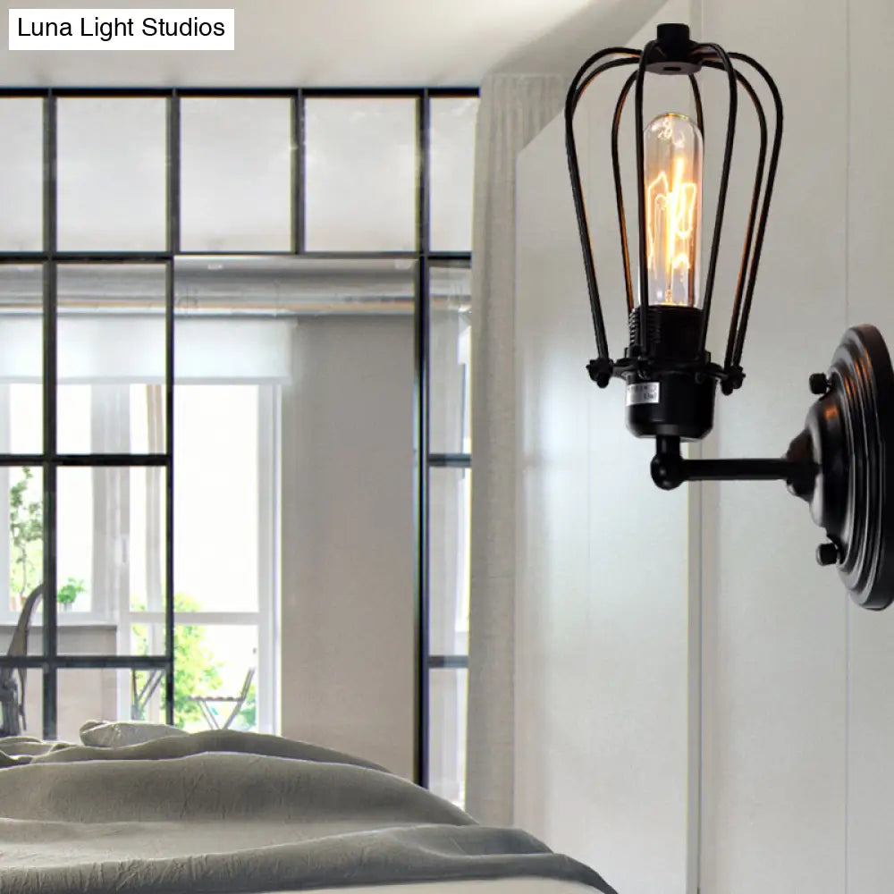 Industrial Black Iron Wall Mount Sconce With Wire Frame - 1 Light Mini Lamp For Corridor