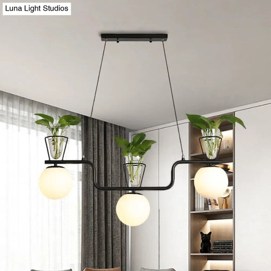 Industrial Black Pendant Lamp With Opal Glass Globe And Clear Pot 3-Bulb Island Light Fixture