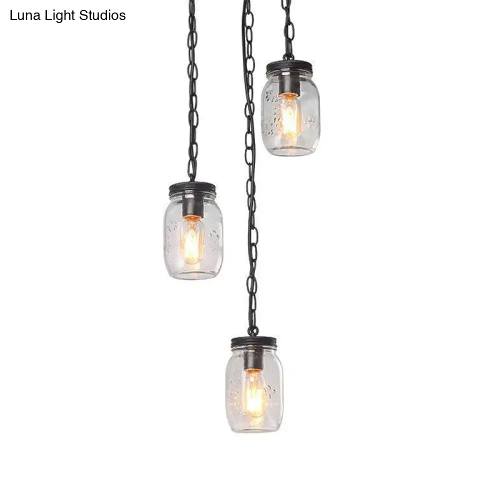 Industrial Black Jar Pendant Light Fixture With Clear Glass Shades - 3-Light Dining Room Hanging