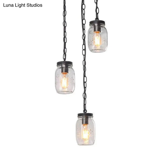 Industrial Black Jar Pendant Light Fixture With Clear Glass Shades - 3-Light Dining Room Hanging