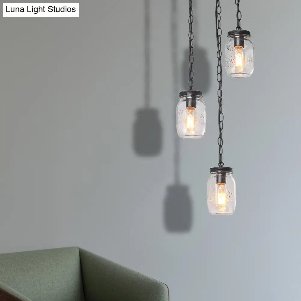 Industrial Black Jar Pendant Light Fixture With Clear Glass Shades - 3-Light Dining Room Hanging
