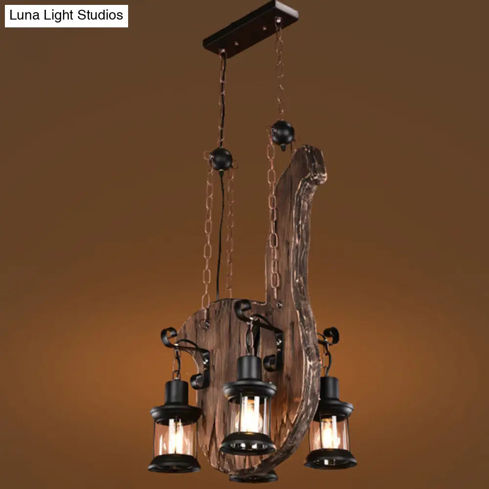 Industrial Lantern Chandelier With 4 Clear Glass Lights And Linear Canopy In Black