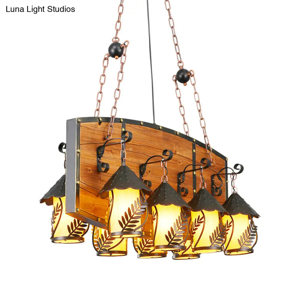 Industrial Black Lantern Island Pendant Light With 8 Lights Metal Arm White Fabric/Clear Glass - For