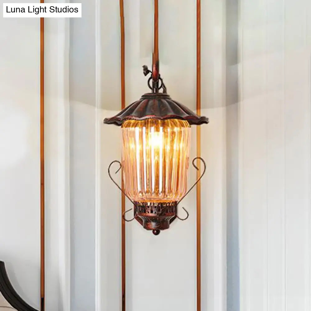 Industrial Black Lantern Wall Sconce Light With Ribbed Glass And Weathered Copper Finish - Bedroom