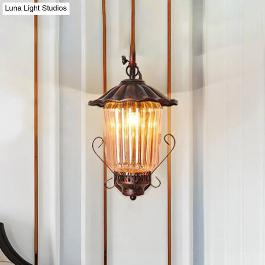 Industrial Black Lantern Wall Sconce Light With Ribbed Glass And Weathered Copper Finish - Bedroom