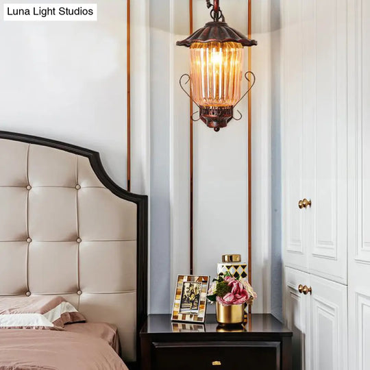 Industrial Black Lantern Wall Sconce Light With Ribbed Glass And Weathered Copper Finish - Bedroom