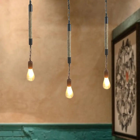 Industrial Black Light Fixture: 1-Light Bare Bulb Pendant With Hemp Rope - Perfect For Restaurants