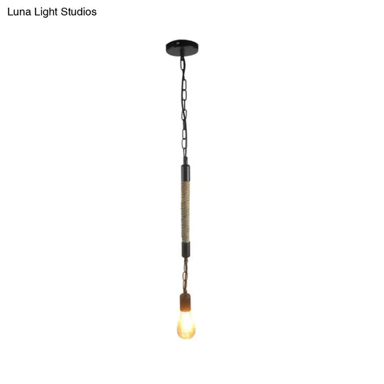 Industrial Black Light Fixture: 1-Light Bare Bulb Pendant With Hemp Rope - Perfect For Restaurants