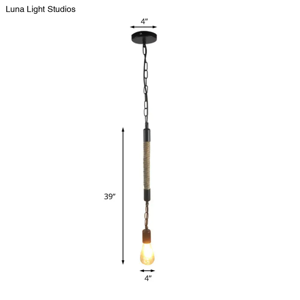 Industrial Black Light Fixture: 1-Light Bare Bulb Pendant With Hemp Rope - Perfect For Restaurants