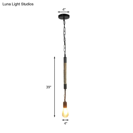 Industrial Black Light Fixture: 1-Light Bare Bulb Pendant With Hemp Rope - Perfect For Restaurants