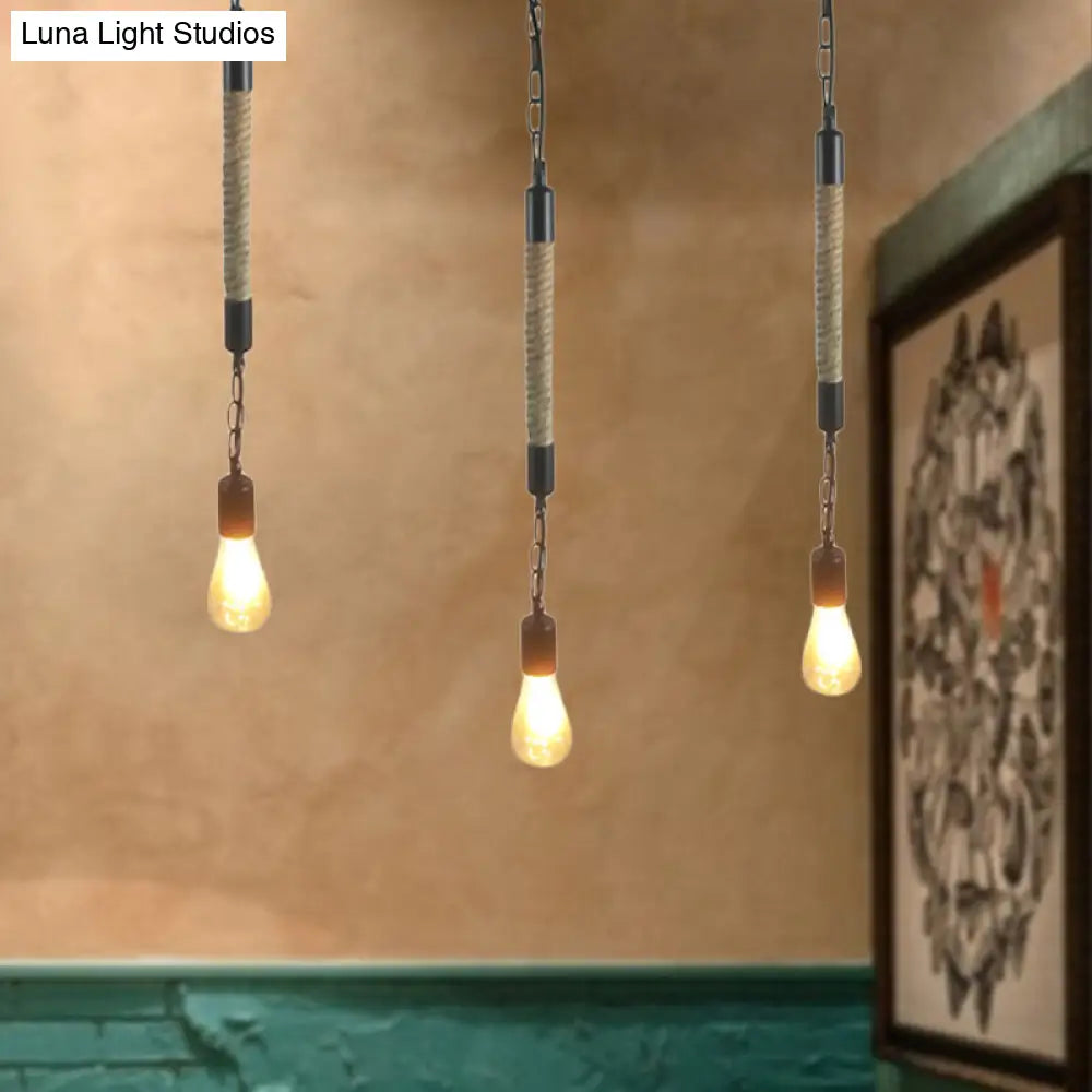 Industrial Black Hemp Rope Pendant Light Fixture - 1 Bare Bulb Hanging Lighting For Restaurants