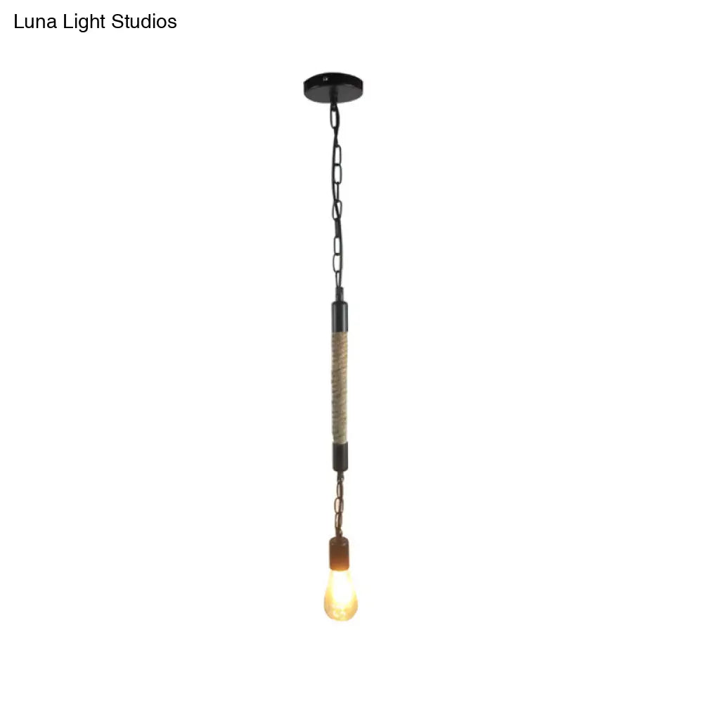 Industrial Black Hemp Rope Pendant Light Fixture - 1 Bare Bulb Hanging Lighting For Restaurants