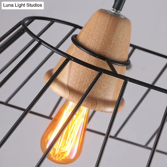 Industrial Black Linear Caged Island Pendant Light With Wooden Cap - 3 Lights