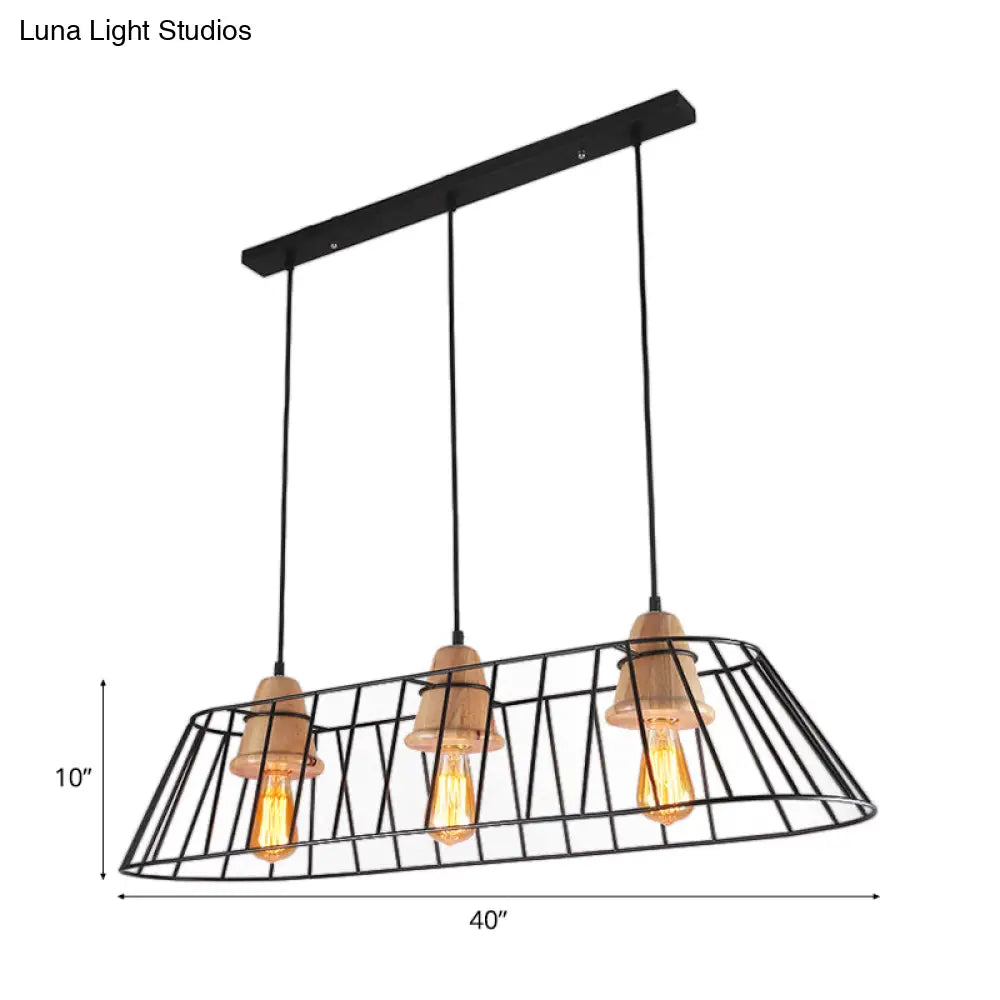 Industrial Black Linear Caged Island Pendant Light With Wooden Cap - 3 Lights