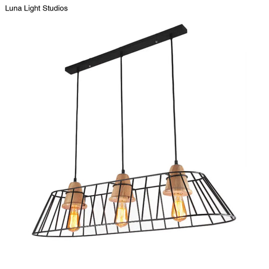 Industrial Black Metal Island Lighting - 3-Light Linear Caged Pendant For Dining Room With Wooden