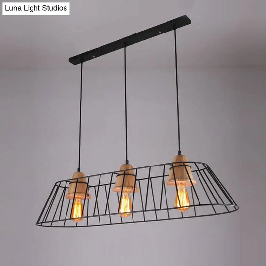 Industrial Black Metal Island Lighting - 3-Light Linear Caged Pendant For Dining Room With Wooden