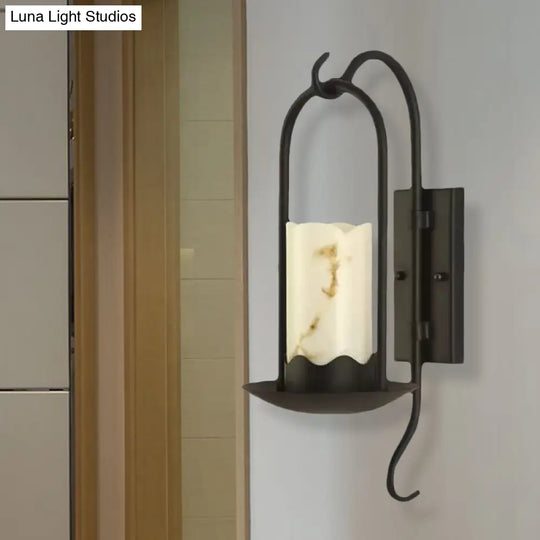 Industrial Black Marble Cylinder Wall Light: Single Bulb Living Room Sconce Lamp