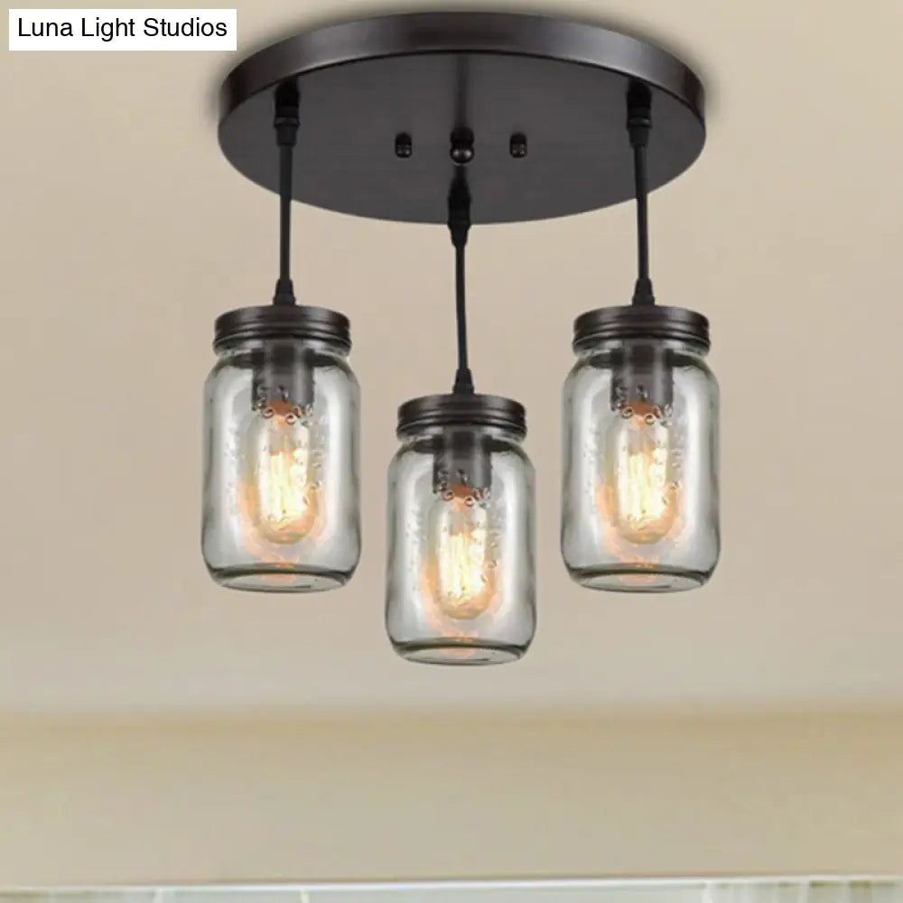 Industrial Black Mason Jar Pendant Light With Clear Etched Glass Trio - Perfect Living Room Ceiling