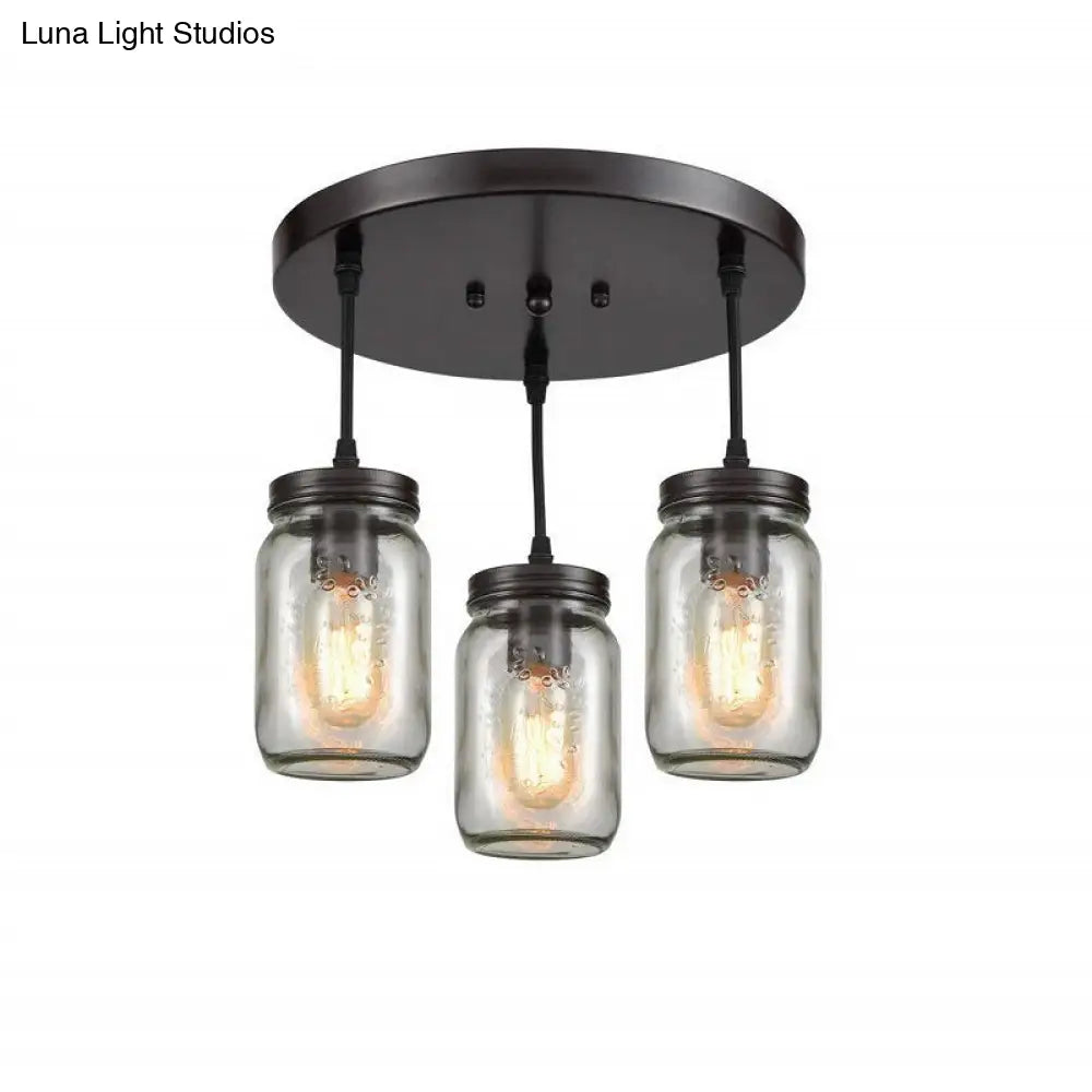 Industrial Black Mason Jar Pendant Light With Clear Etched Glass Trio - Perfect Living Room Ceiling