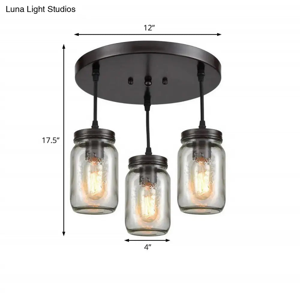Industrial Black Mason Jar Cluster Pendant Light W/ Clear Etched Glass - 3 Lights Perfect For