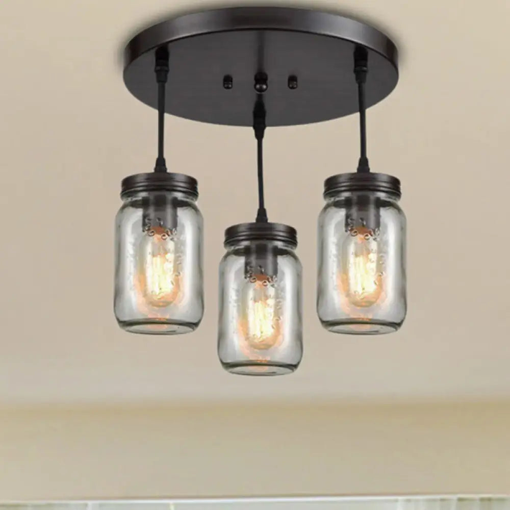 Industrial Black Mason Jar Cluster Pendant Light W/ Clear Etched Glass - 3 Lights Perfect For