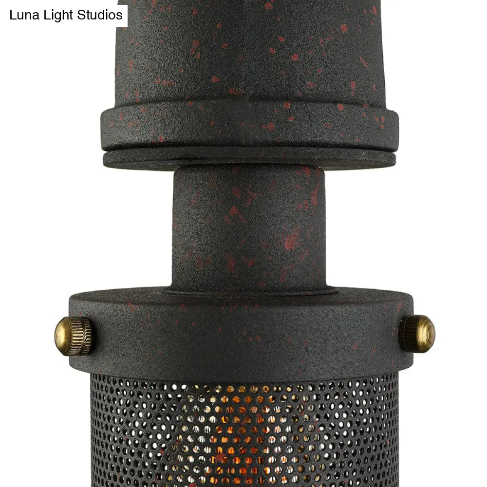 Industrial Black Mesh Cylinder Wall Sconce With Metal Pipe - Bedroom Lighting Fixture