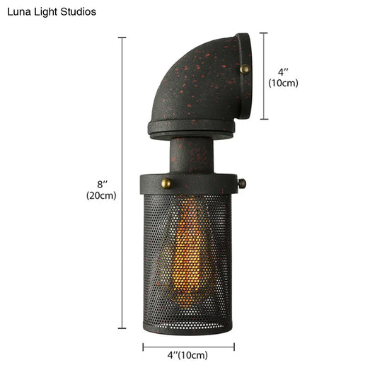 Industrial Black Mesh Cylinder Wall Sconce With Metal Pipe - Bedroom Lighting Fixture