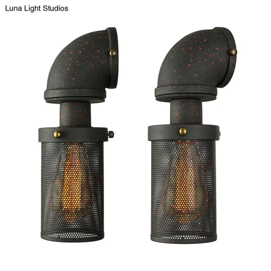 Industrial Black Mesh Cylinder Wall Sconce With Metal Pipe - Bedroom Lighting Fixture