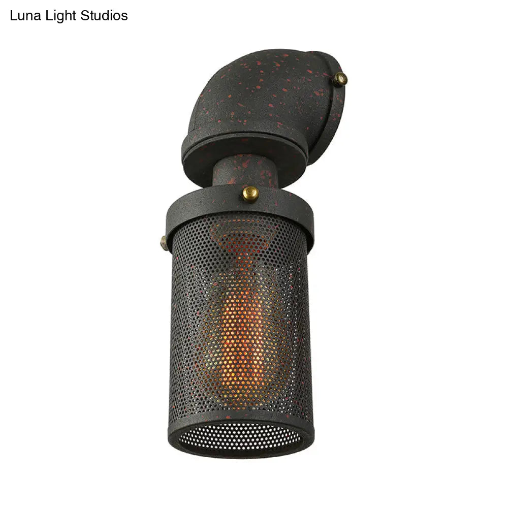 Industrial Black Mesh Cylinder Wall Sconce With Metal Pipe - Bedroom Lighting Fixture