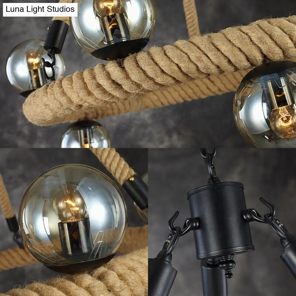 Industrial Black Metal Chandelier Light - Modern 9 Bulbs Ring Fixture With Gray Glass Globe Shade