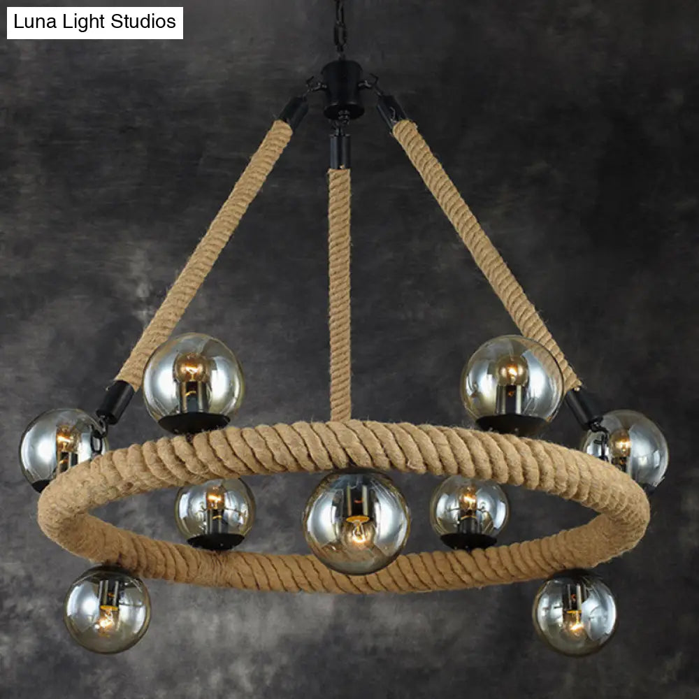 Industrial Black Metal Chandelier Light - Modern 9 Bulbs Ring Fixture With Gray Glass Globe Shade